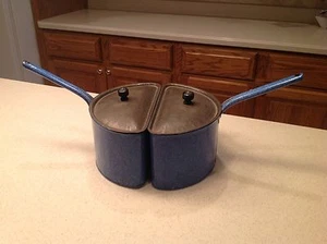 Vintage Graniteware Half Split Pans W/ Tin Lids Blue W/ White Speckles RARE FIND - Imagen 1 de 11