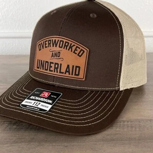 Overworked And Underlaid Funny Trucker Leather Patch Hat - Picture 1 of 5