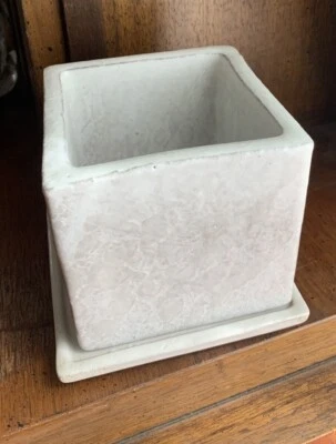 Bennington Pottery Square White  Agate Cube Planter 3.5” & Underplate #1844 - Image 1 of 4