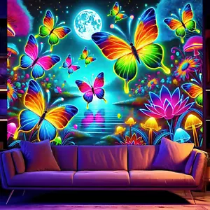 Blacklight Butterfly Tapestry Blacklight Fantasy Forest Tapestry UV Reactive Flo - Picture 1 of 11