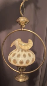 Vtg Fenton Swag Lamp Honeysuckle Thumbprint Frill Shade Antique Brass - Picture 1 of 6