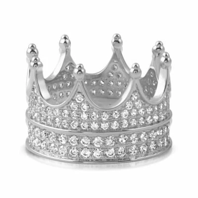 925 Sterling Silver 360 Iced Out Crown Mens Ring - Image 1 of 2