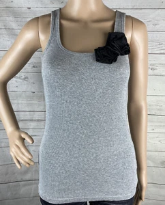 Old Navy Tank Top Small Ribbed Gray Black Flower Accent Slim Fit Casual Shirt - Picture 1 of 12