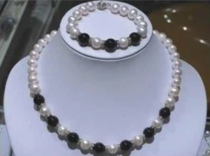 Genuine 7-8mm White Freshwater Pearl & 10mm Black Agate Necklaces Bracelet Set - Picture 1 of 6