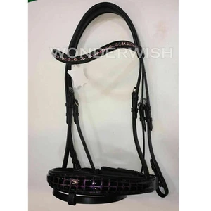 Patent Crocodile Design Leather Noseband & Crystal Browband Bridle Set 4 Sizes - Picture 1 of 4