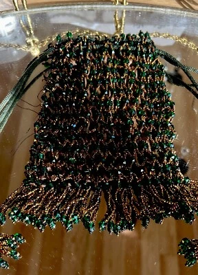 1920s ART DECO FLAPPER GLASS BEADED BAG COIN PURSE LOLLIPOP FRINGE DRAWSTRING - Image 1 of 4