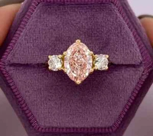 Oval Lab Grown 2.20CT Fancy Vivid Pink Diamond Three Stone Ring 950 Platinum - Picture 1 of 6
