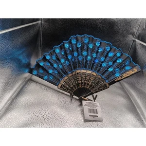 Exquisite Chinese Peacock Sequin Folding Hand Fan Black, Blue & Golden NWT - Picture 1 of 3