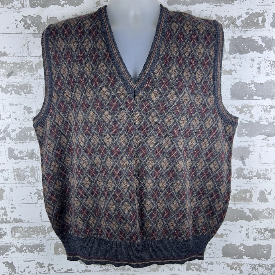 Vtg Wool Blend Sweater Vest XL Argyle Burgundy Gray Made In Italy Scholar Golf - Image 1 of 4