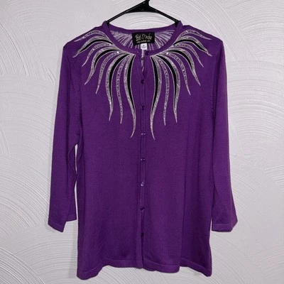 Bob Mackie Women's 3/4 Sleeve Sweater Cardigan Embellished Neck Size M Purple - Image 1 of 4