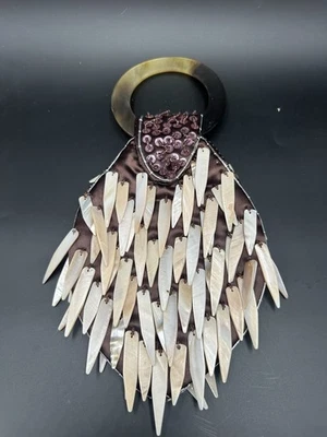 Handmade Satin Bag Mother of Pearl Shell Fringe Purse Natural Horn Ring Handle - Image 1 of 4