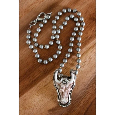 Western Bull Head Carved Pendant Necklace Beaded Chain Silver Tone Southwest - Image 1 of 4