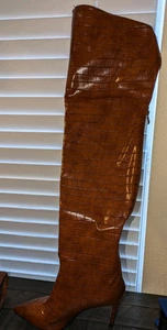 NIB THIGH HIGH BROWN UNBRANDED FAUX LEATHER HIGH HEEL BOOTS Size 8 (40) NIB - Picture 1 of 6