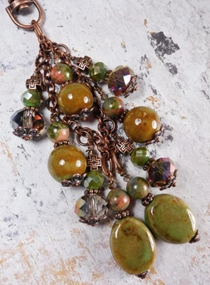Unakite Cobre Verde Cartera Dije Bolso Clip Cerámica Cristal Hecho a Mano Nuevo Foto 1 de 4