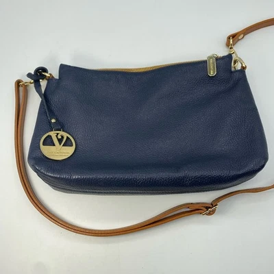 Valentina Cuero Genuino Cartera Bolso de Mano Guijarro Azul Marino Hecho en Italia Foto 1 de 4