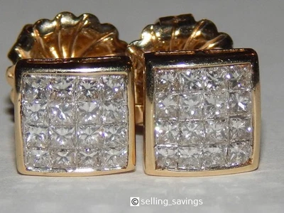 14K YELLOW GOLD 1.50 TCW DIAMOND INVISIBLE SET 8MM WIDE STUD EARRINGS - Image 1 of 4