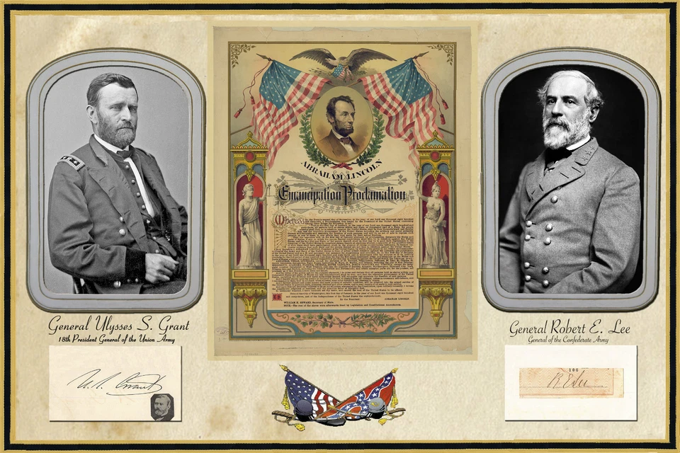 Civil War Poster 2 Autographed photos Grant & Lee with Emancipation Proclamation - Image 1 of 1