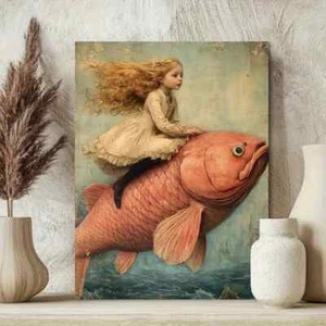 Blonde Girl on Pink Fish Design Painting Metal Print Ready to Hang - Bild 1 von 7