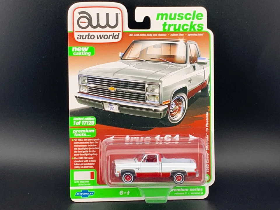 Auto World 1983 Chevy Silverado 10 Fleetside Rosso e Bianco 64322 1/64 - Immagine 1 di 1