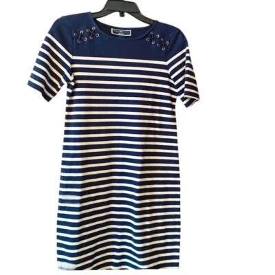 Karen Scott Sport Nautical Striped T-Shirt Dress Lace Up Shoulder Det.  PS - Image 1 of 4