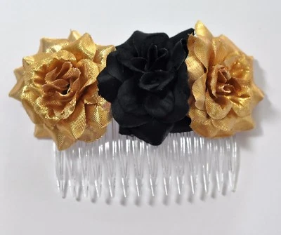 4" Gold & Black Rose Roses Silk Flower HAIR COMB Wedding Bridesmaid Bridal - Image 1 of 2