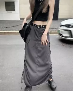 Women Cargo Midi Skirt Gray Medium Slit Back Pockets Drawstring Slit High Rise - Picture 1 of 20