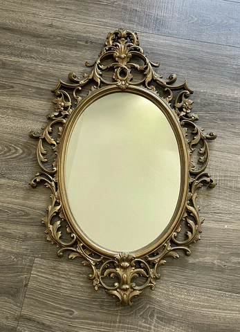 Vintage BURWOOD Gold Hollywood Regency Oval 33" x 22" scroll filigree Mirror Cover