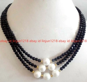 Collar de gemas redondas facetadas de ónix negro de 3 filas y perlas blancas de 10 mm 17-19"" AAA - Imagen 1 de 12