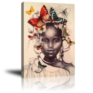 African American Black Girl Art Wall Decor Butterfly Canvas Print Framed Picture - Picture 1 of 8
