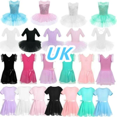 UK Kids Girls Ballet Dance Dress Short Sleeve Ballerina Leotard Tutu Skirt Dress - Image 1 of 2