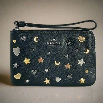 Coach Corner Zip Wristlet CCJ75 Black Leather Wallet Moon Stars Hearts Rivets - Image 1 of 4