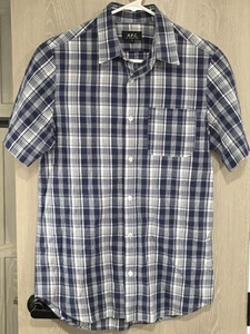 APC Button Front Shirt Men's S Navy & White Plaid Short Sleeve Cotton - Picture 1 of 7