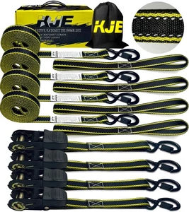Reflective Ratchet Straps, (4) 1" x 15' Tie Down Strap Sets + (4) Soft Loops,... - Picture 1 of 5