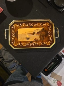 Vintage italienisches Holz Tablett Intarsien Blumen Intarsien Messinggriff 16,5x9" lesen - Bild 1 von 8