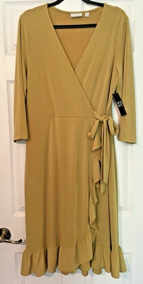 NY&C  New dress Faux Wrap Chartreuse Gold Yellow Ruffle Hem V Neck Sz Large - Image 1 of 4