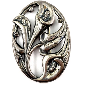 DANECRAFT Vintage Sterling Silver Calla Lily Brooch Pin Pendant Flower Oval Deco - Picture 1 of 8