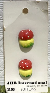 Vintage JHB Wood Buttons Mushrooms Red Cap Yellow Stem Green Grass 5/8" NEW - Picture 1 of 3