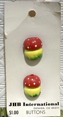 Vintage JHB Wood Buttons Mushrooms Red Cap Yellow Stem Green Grass 5/8" NEW - Image 1 of 3