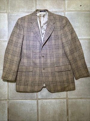 VTG 44R Lands End Harris Tweed Brown Plaid Windowpane Check Blazer Sport Coat - Image 1 of 4