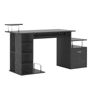 Modern Office Table Wooden Computer Work Desk Study Shelf Storage PC Rack Black - Picture 1 of 12