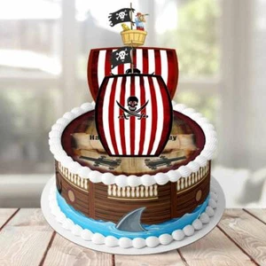 3D PERSONALISED EDIBLE Icing Cake Topper Round PIRATE GALION SHIP Topper Wrapper - Picture 1 of 5