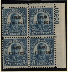 1928 Hawaii 5c overprint Sc 648 MNH with nice original gum, plate block of 4 - Picture 1 of 1