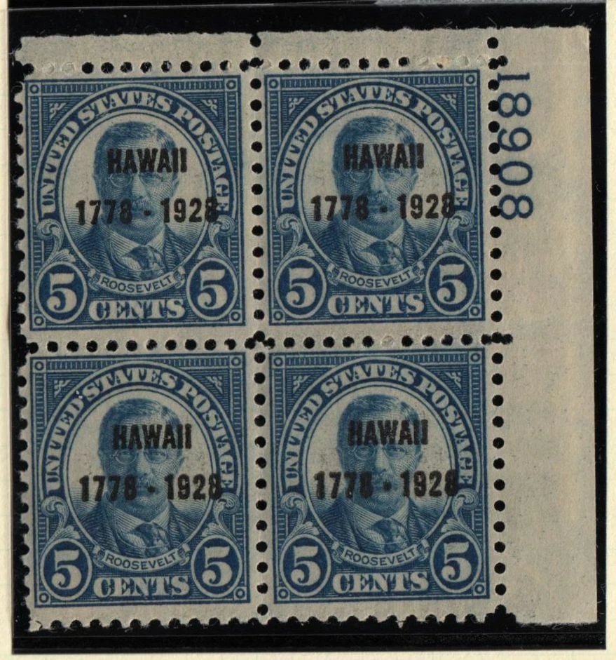 1928 Hawaii 5c overprint Sc 648 MNH with nice original gum, plate block of 4 - Image 1 of 1