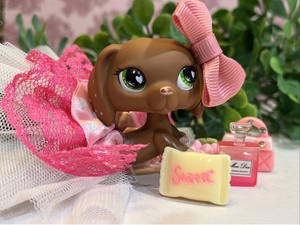Littlest Pet Shop 556 LPS Authentic Brown Pink Polka Dot Dachshund Puppy Dog
