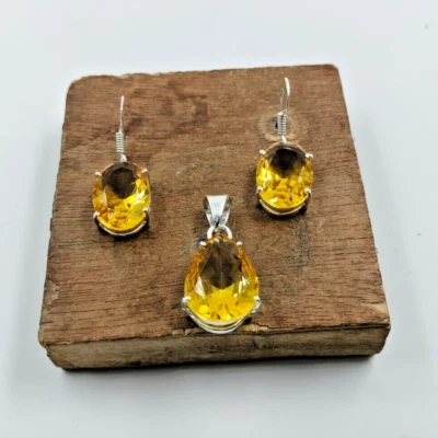 Citrine Quartz Gemstone Silver Plated Earrings Pendent Jewelry Set 1.25" - Image 1 of 2