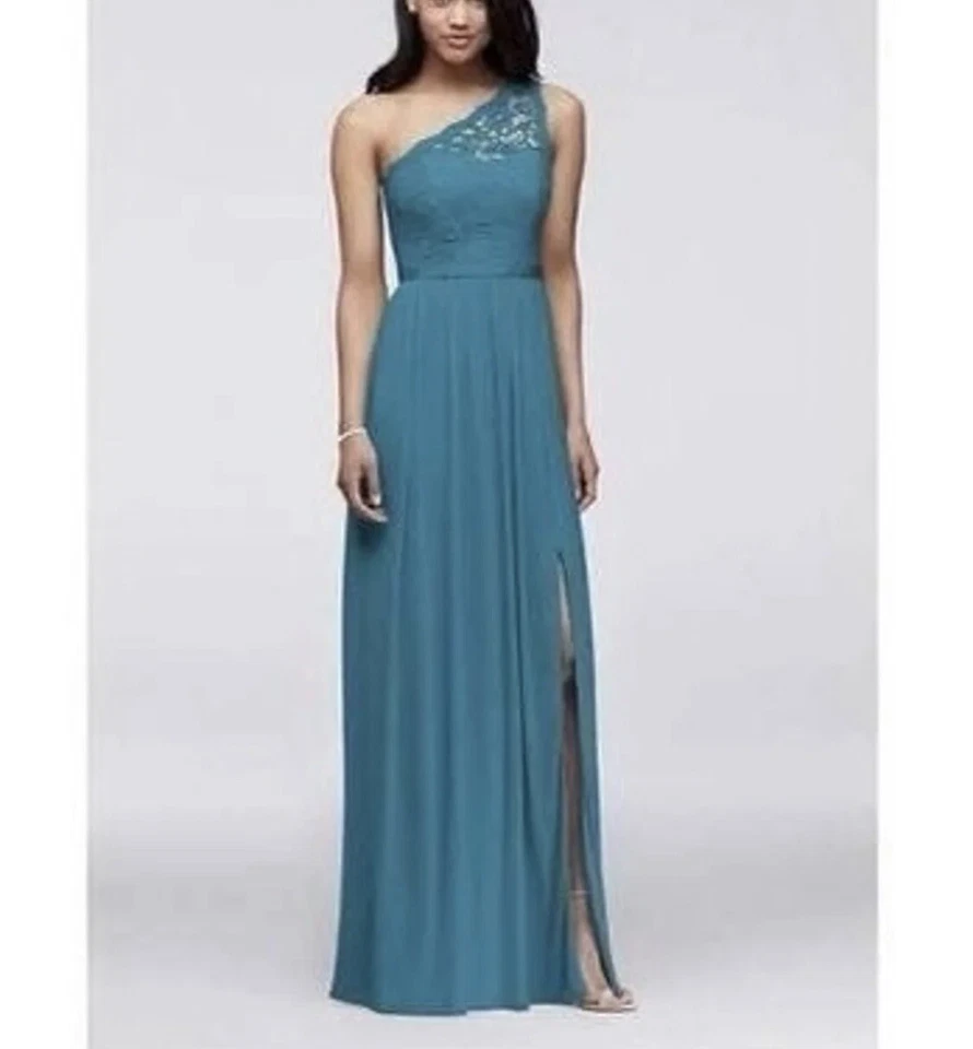Davids Bridal Long One Shoulder Lace Bridesmaid Dress - Image 1 of 2