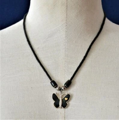 Firmato Raffreddamento Gioielli Argento Smalto Farfalla Forma Ciondolo 16 " Nero - Immagine 1 di 3