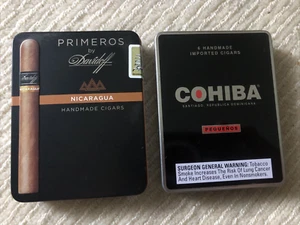 2 Metal Cigar Tins Cases Cohiba Pequenos &Primeros by Davidoff Nicaragua 4.5x3.5 - Picture 1 of 4