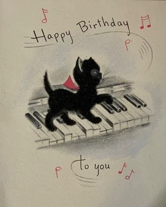 Tarjeta de cumpleaños Norcross de colección flocada gatito negro gato en piano cantando en el interior - Imagen 1 de 4