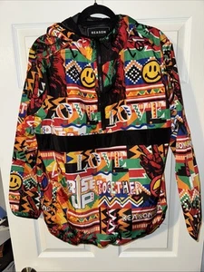Reason 1/2 Zip Anorak Hooded Rain Jacket Pullover Tribal Peace Print Sz Large - Picture 1 of 3